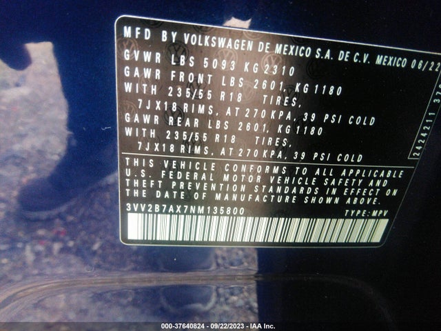 3VV2B7AX7NM135800 Volkswagen TIGUAN SE