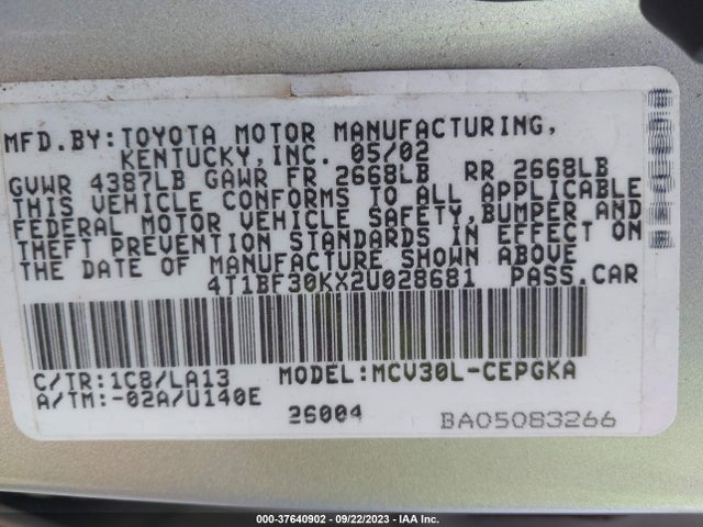 2002 TOYOTA CAMRY XLE/LE/SE VIN: 4T1BF30KX2U028681