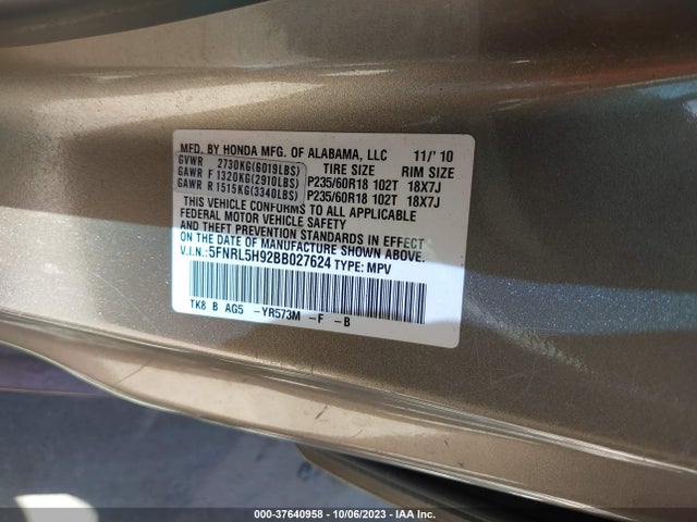 2011 HONDA ODYSSEY TOURING/TOURING ELITE VIN: 5FNRL5H92BB027624