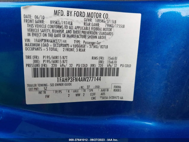 2010 FORD FOCUS SE VIN: 1FAHP3FN4AW277144