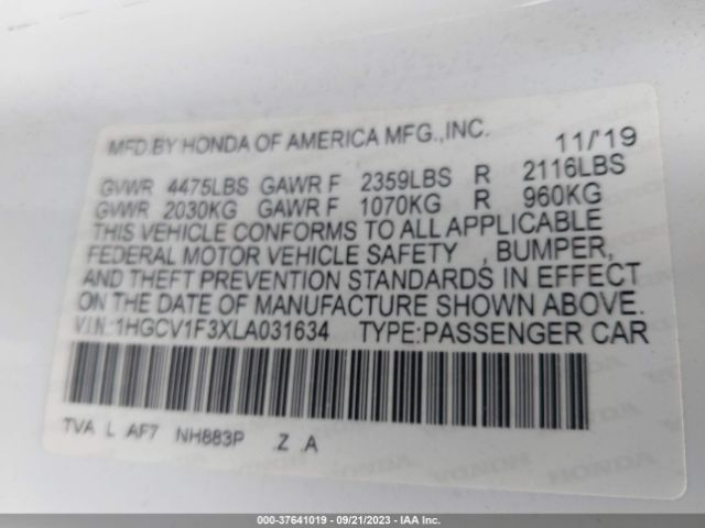 2020 HONDA ACCORD SEDAN 1HGCV1F3XLA031634 Photo 8