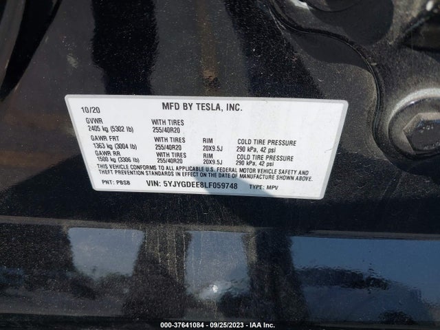 2020 TESLA MODEL Y LONG RANGE VIN: 5YJYGDEE8LF059748
