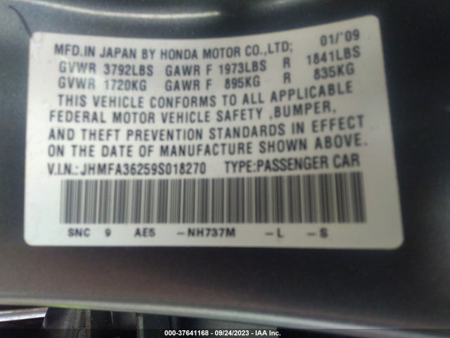 2009 HONDA CIVIC HYBRID VIN: JHMFA36259S018270