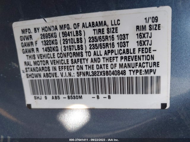 2009 HONDA ODYSSEY LX VIN: 5FNRL382X9B040848
