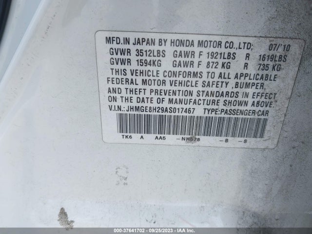 2010 HONDA FIT VIN: JHMGE8H29AS017467