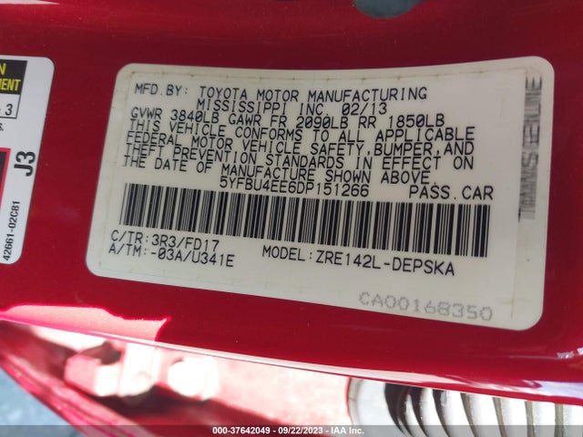 2013 TOYOTA COROLLA L/LE/S VIN: 5YFBU4EE6DP151266