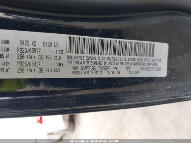 2018 DODGE JOURNEY SXT VIN: 3C4PDCBG1JT476597