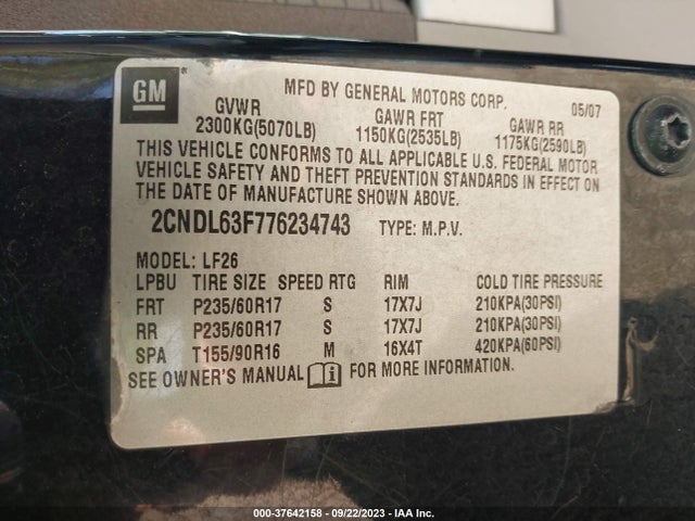 2007 CHEVROLET EQUINOX LT VIN: 2CNDL63F776234743
