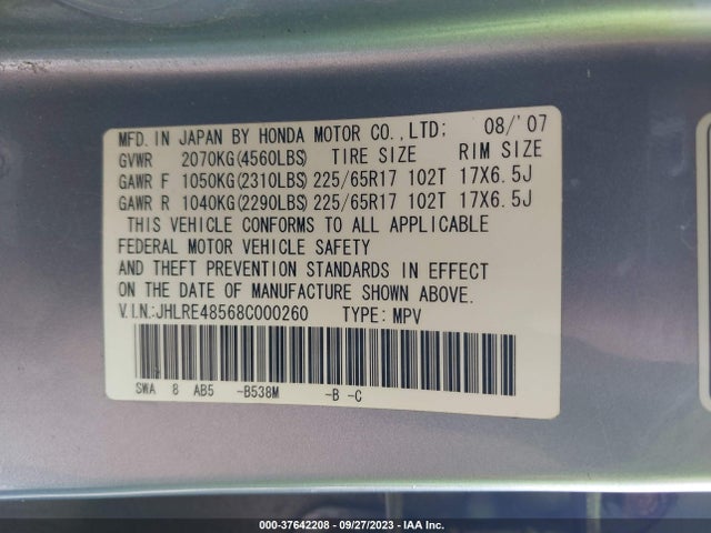 2008 HONDA CR-V EX VIN: JHLRE48568C000260