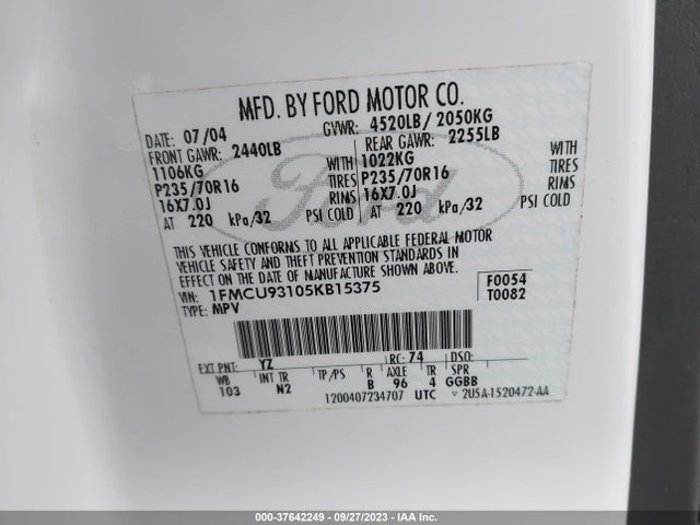 2005 FORD ESCAPE XLT VIN: 1FMCU93105KB15375