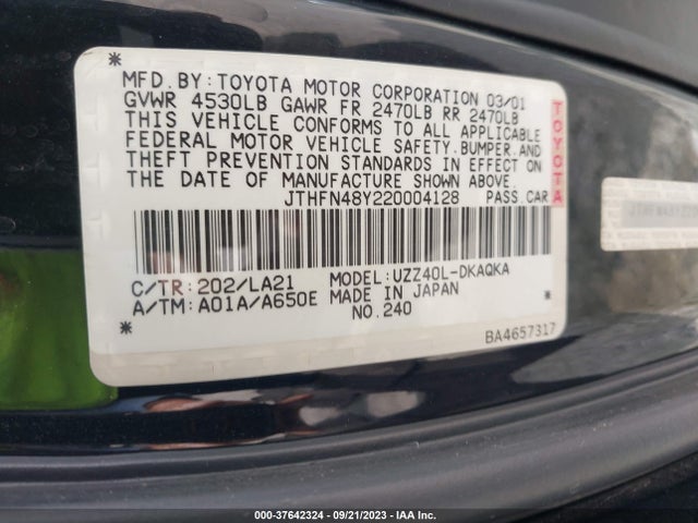 2002 LEXUS SC 430 VIN: JTHFN48Y220004128