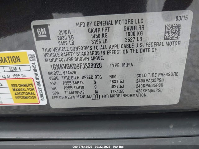 Chevrolet Traverse Lt 2015 1GNKVGKD9FJ323928 Image 9