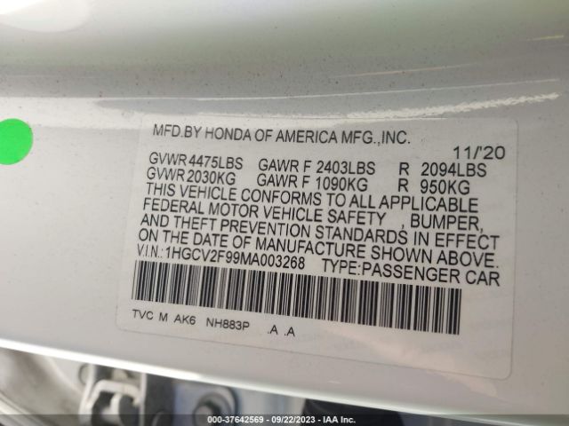 1HGCV2F99MA003268 Honda Accord Sedan Touring