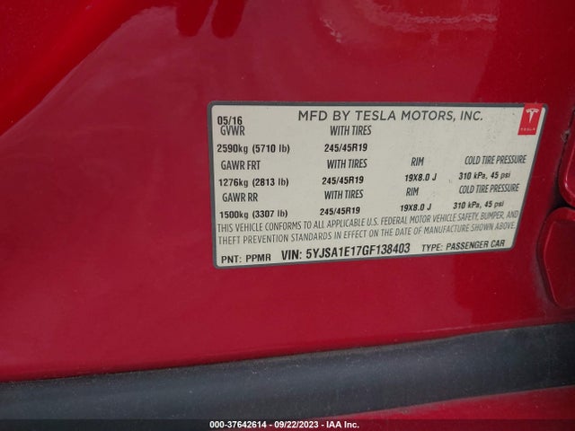 Tesla Model S 60/70/75/85 2016 5YJSA1E17GF138403 Image 9