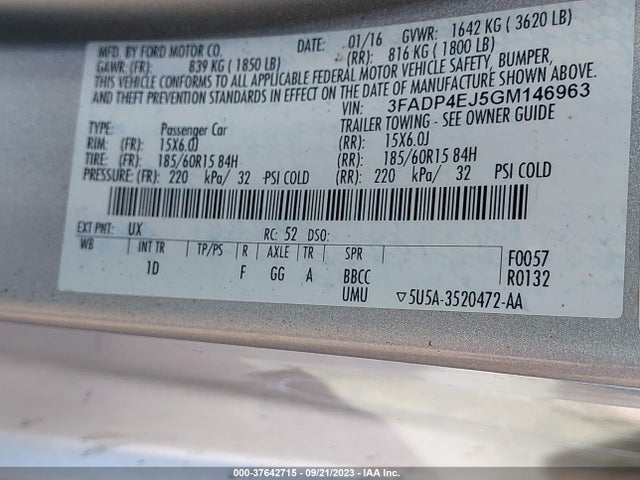 2016 FORD FIESTA SE VIN: 3FADP4EJ5GM146963