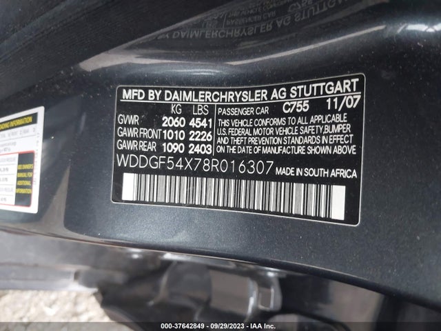 2008 MERCEDES-BENZ C-CLASS 3.0L VIN: WDDGF54X78R016307