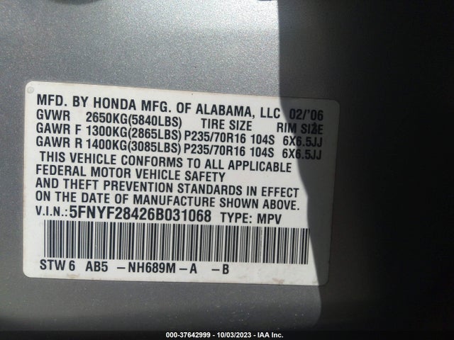 2006 HONDA PILOT 5FNYF28426B031068 Photo 8