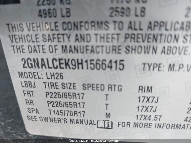 Chevrolet EQUINOX LT 2017 2GNALCEK9H1566415 Image 9