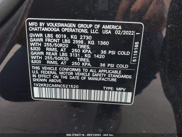 1V2KR2CA6NC521520 Volkswagen Atlas 3.6l V6 Se W/technology