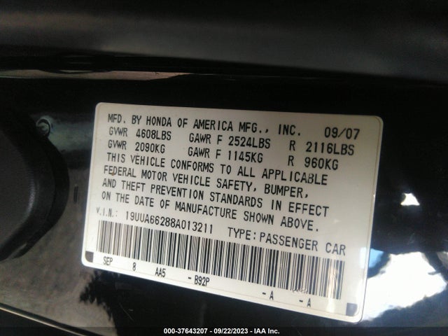 2008 ACURA TL VIN: 19UUA66288A013211