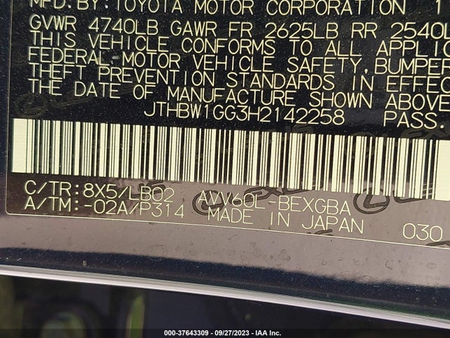JTHBW1GG3H2142258 Lexus Es Es 300h