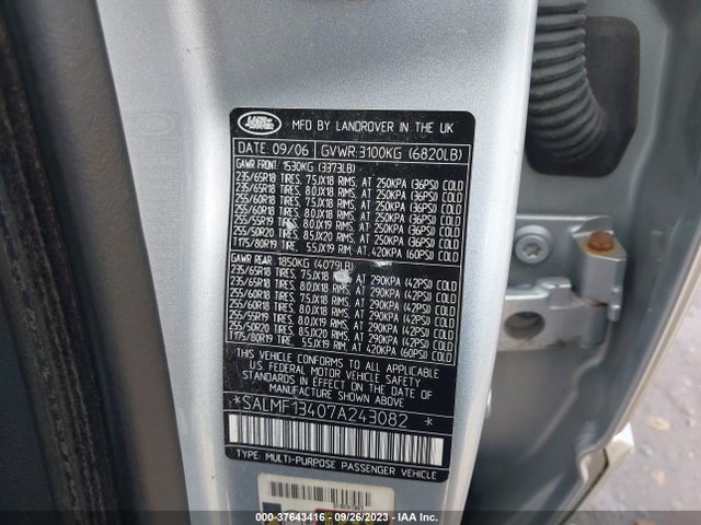 2007 LAND ROVER RANGE ROVER SC VIN: SALMF13407A243082