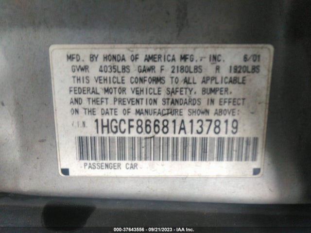 2001 HONDA ACCORD SDN VP VIN: 1HGCF86681A137819