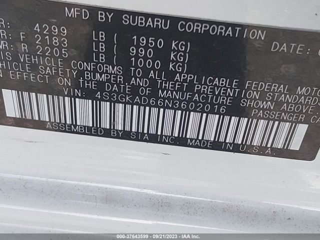 4S3GKAD66N3602016 Subaru Impreza Premium