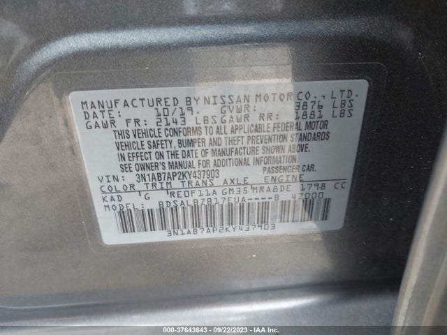 2019 NISSAN SENTRA S VIN: 3N1AB7AP2KY437903