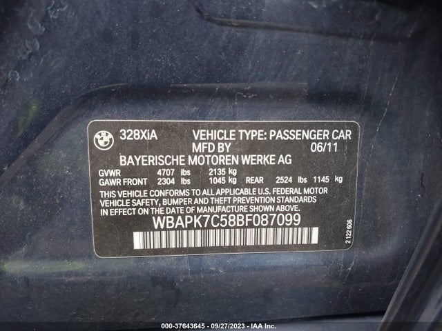 2011 BMW 3 SERIES 328I XDRIVE VIN: WBAPK7C58BF087099