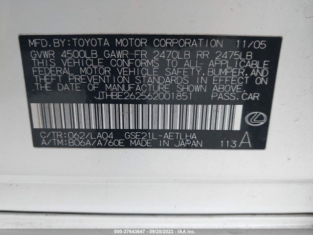 2006 LEXUS IS 350 AUTO VIN: JTHBE262562001851