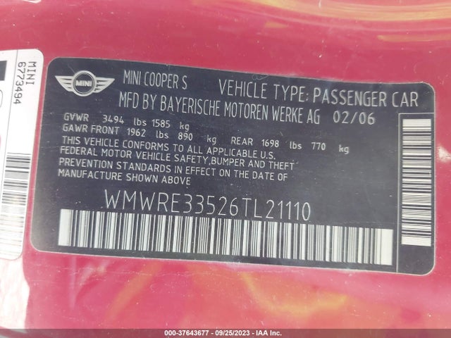 2006 MINI COOPER S WMWRE33526TL21110 Photo 8