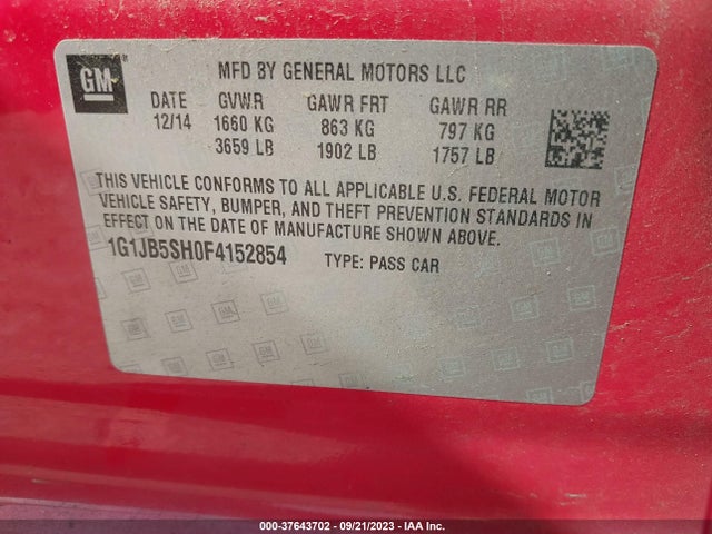 Chevrolet SONIC LS 2015 1G1JB5SH0F4152854 Image 9