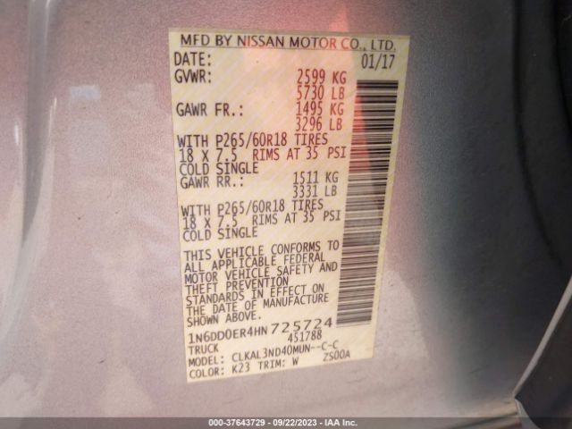 1N6DD0ER4HN725724 Nissan Frontier Sl