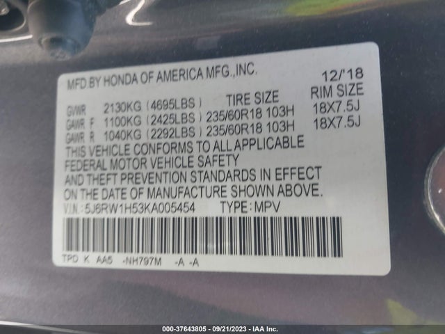 Honda CR-V EX 2019 5J6RW1H53KA005454 Image 9