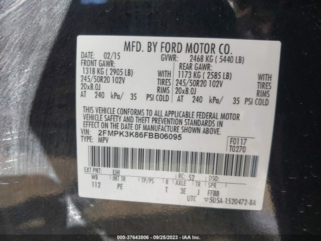 2015 FORD EDGE TITANIUM VIN: 2FMPK3K86FBB06095