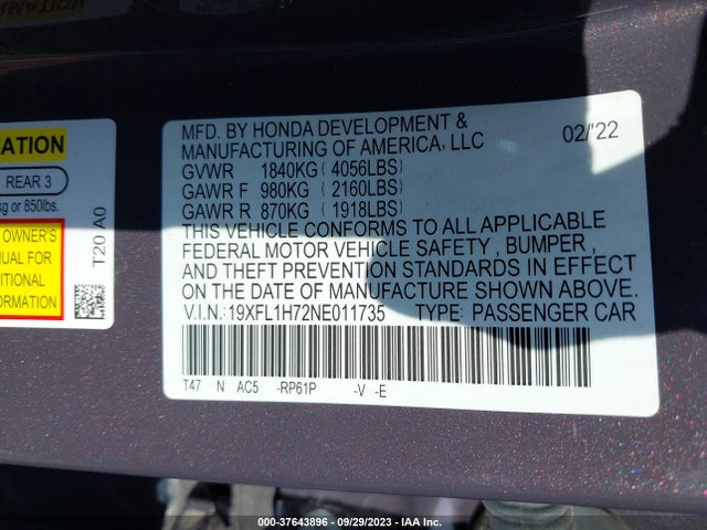 Honda Civic Hatchback Ex-l 2022 19XFL1H72NE011735 Image 9