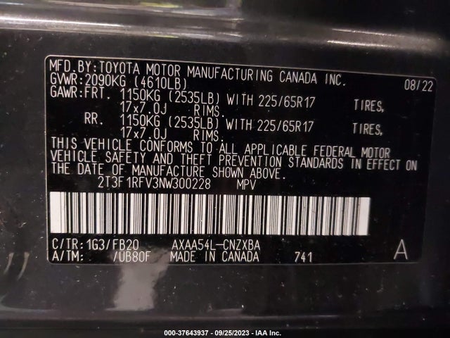 2022 TOYOTA RAV4 LE VIN: 2T3F1RFV3NW300228