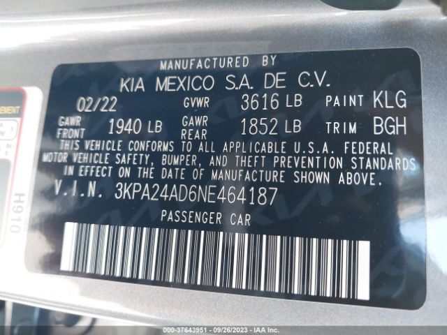 3KPA24AD6NE464187 KIA RIO S