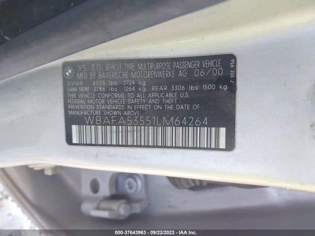 2001 BMW X5 3.0I VIN: WBAFA53551LM64264