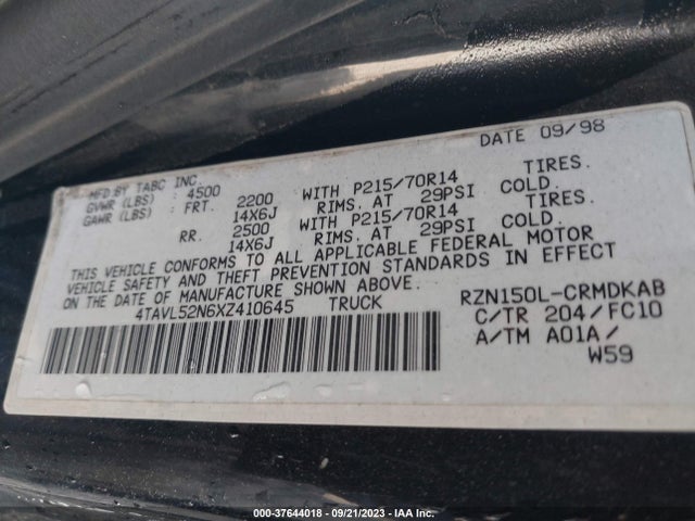 1999 TOYOTA TACOMA VIN: 4TAVL52N6XZ410645