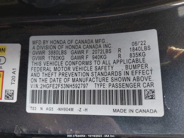 2022 HONDA CIVIC SEDAN SPORT VIN: 2HGFE2F53NH592797