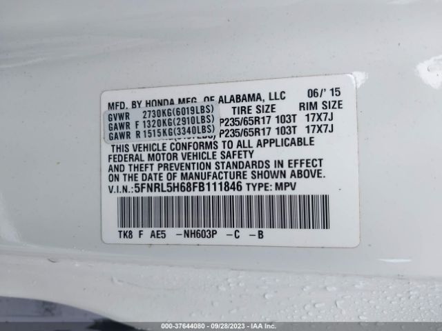 5FNRL5H68FB111846 Honda Odyssey Ex-l
