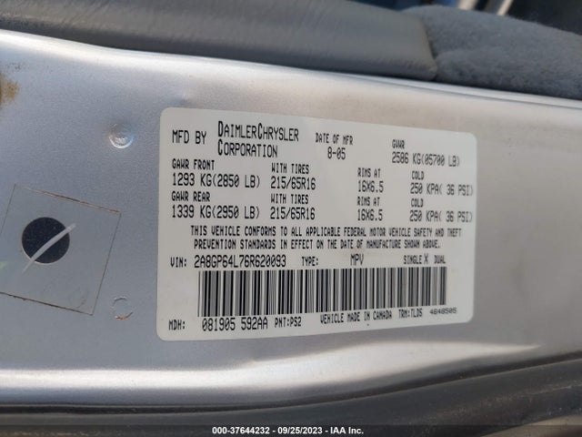 2006 CHRYSLER TOWN & COUNTRY LWB LIMITED VIN: 2A8GP64L76R620093
