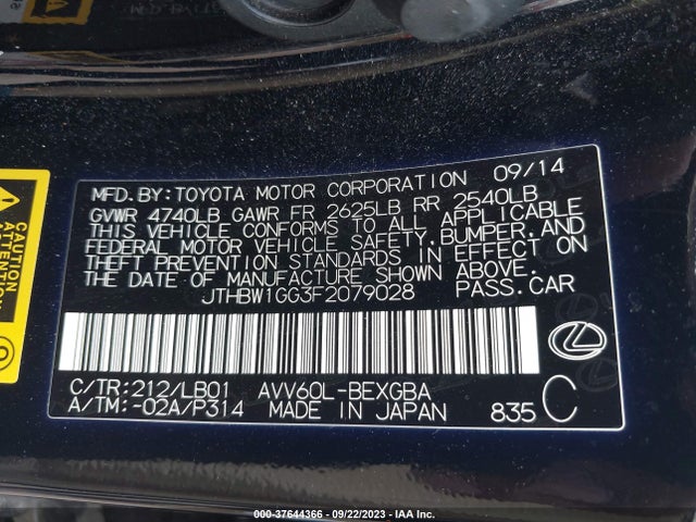 JTHBW1GG3F2079028 Lexus Es 300h Hybrid