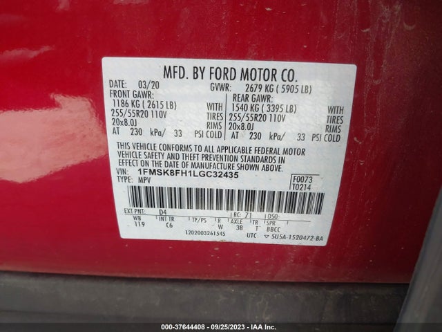 2020 FORD EXPLORER LIMITED VIN: 1FMSK8FH1LGC32435