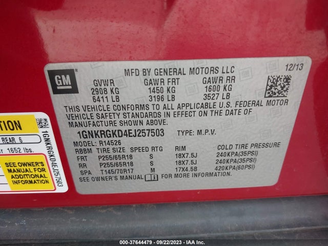 Chevrolet Traverse Lt 2014 1GNKRGKD4EJ257503 Image 9