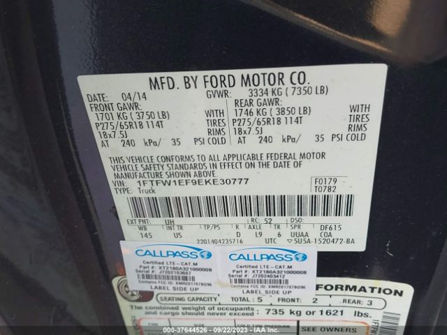 1FTFW1EF9EKE30777 Ford F-150 Xl/xlt/stx/fx4/lariat
