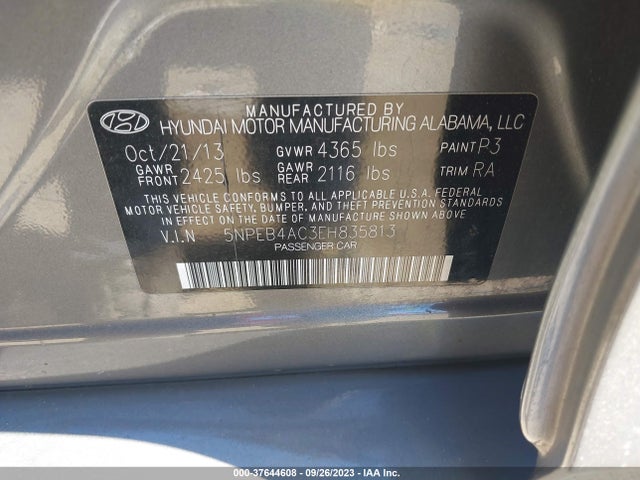 2014 HYUNDAI SONATA GLS VIN: 5NPEB4AC3EH835813