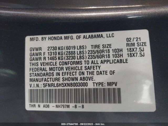 5FNRL6H5XNB003000 Honda ODYSSEY EX